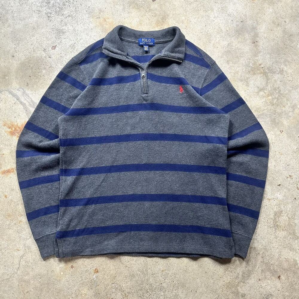 Grey & Navy Striped Polo Ralph Lauren Quarter Zip Sweater Size Youth XL